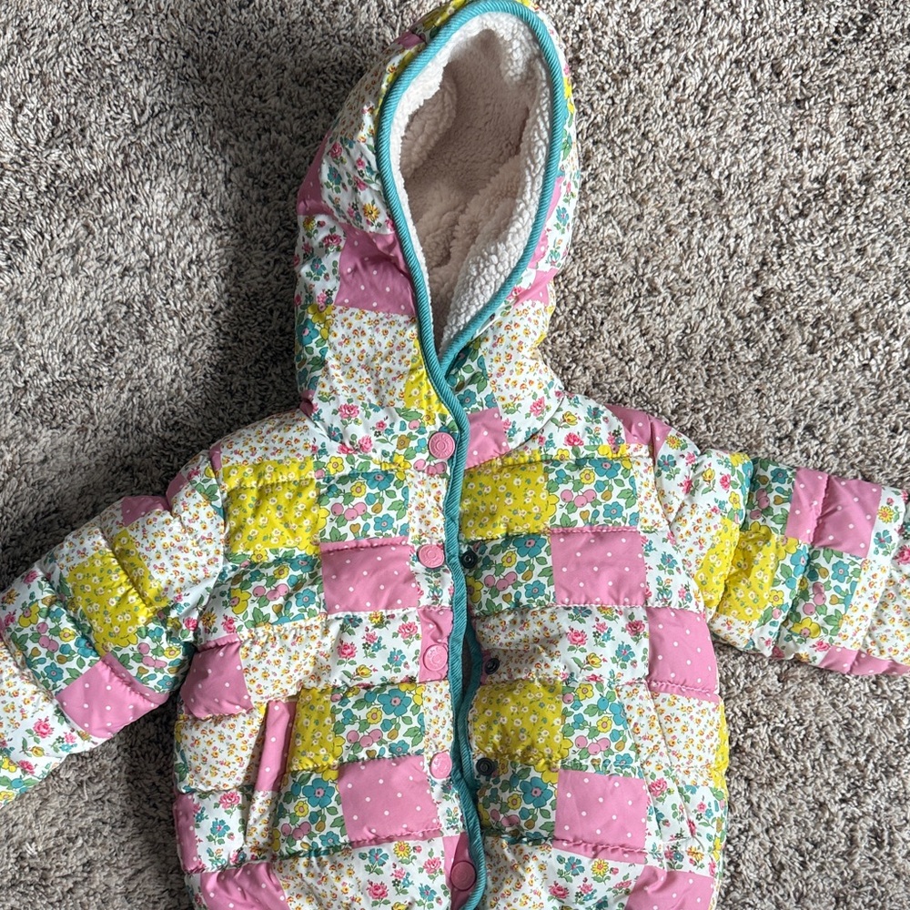 Baby Boden Pink Yellow Floral Patchwork Puffer Jacket
